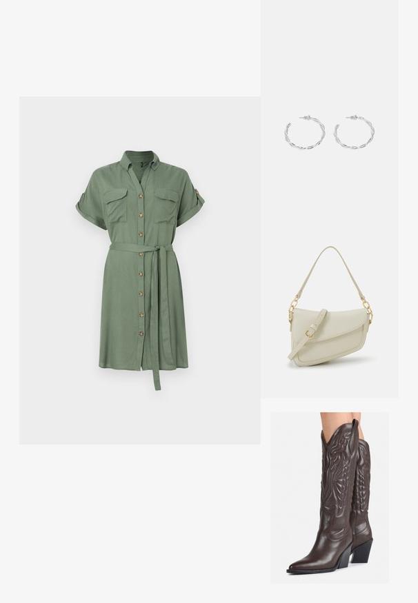 Φόρεμα πουκαμίσα ελαιόχρωμο σε ελαφρύ ύφασμα, με κοντά μανίκια, δύο τσέπες στο στήθος και ζώνη στη μέση με μπροστινή κουμπό closure.; Καφέ δερμάτινες καουμπόικες μπότες με μυτερή μύτη και τετράγωνη σόλα, με λεπτομερή ραφή και ανυψωμένα στοιχεία στον κορμό.; Μικρή κρέμα τσάντα χεριού με υφή, μακριά ρυθμιζόμενη λουρί, αλυσίδα ως διακόσμηση και κλείσιμο με καπάκι. Χρυσές λεπτομέρειες.; Ασημένια σκουλαρίκια κρίκοι με στριφτό σχέδιο, διαθέτοντας γυαλιστερή φινέτσα και κλείσιμο με πίσω στήριγμα. Έχουν διάμετρο περίπου 3 εκ.