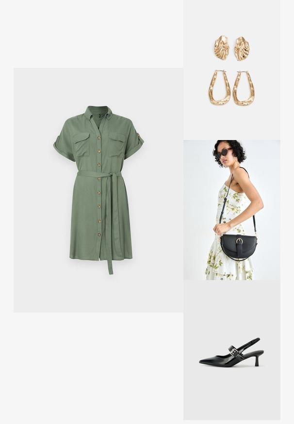 Robe chemise vert olive en tissu léger, avec des manches courtes, deux poches poitrine et une taille nouée avec une fermeture à boutons sur le devant.; Escarpins slingback en cuir verni noir avec un bout pointu et un petit talon bloc, mettant en avant un accent en boucle argentée sur la sangle.; Sac à main en cuir noir avec une forme courbée, bandoulière amovible et des accessoires en or. Le sac est doté d'un rabat avec un détail de boucle.; Boucles d'oreilles dorées présentant des formes texturées et ondulées. Comprend des clips sculpturaux et un design de créoles ouvertes avec une finition martelée.
