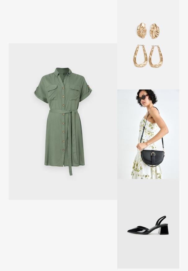 Robe chemise vert olive en tissu léger, avec des manches courtes, deux poches poitrine et une taille nouée avec une fermeture à boutons sur le devant.; Escarpins en cuir verni noir avec bout pointu et talon bloc géométrique. Présente un design élégant et minimaliste ainsi qu'une texture lisse.; Sac à main en cuir noir avec une forme courbée, bandoulière amovible et des accessoires en or. Le sac est doté d'un rabat avec un détail de boucle.; Boucles d'oreilles dorées présentant des formes texturées et ondulées. Comprend des clips sculpturaux et un design de créoles ouvertes avec une finition martelée.