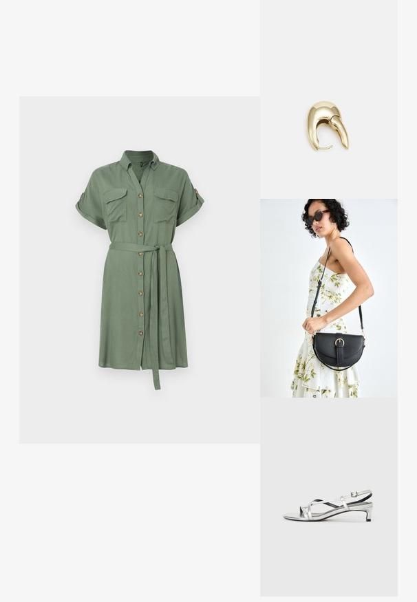 Robe chemise vert olive en tissu léger, avec des manches courtes, deux poches poitrine et une taille nouée avec une fermeture à boutons sur le devant.; Sandale argentée métallique à talon bas, dotée de brides croisées et d'une texture lisse. Design minimaliste.; Sac à main en cuir noir avec une forme courbée, bandoulière amovible et des accessoires en or. Le sac est doté d'un rabat avec un détail de boucle.; Boucle d'oreille en métal doré avec un design élégant et courbé. Présente une forme conique distinctive, une surface polie et une fermeture à charnière.