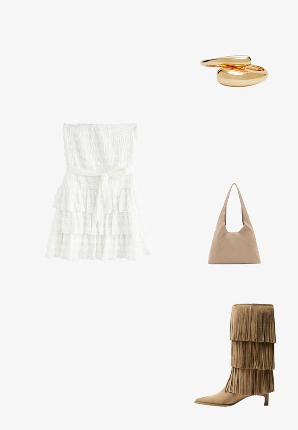 Robe blanche à niveaux fabriquée en tissu texturé, présentant un corsage smocké et une ceinture nouée à la taille. Les couches ont des bords froncés.; Bottine à franges en daim tan avec trois couches de franges. Bout pointu et petit talon carré. Texture lisse sur l'ensemble.; Sac en toile beige avec une forme triangulaire unique, de larges bretelles et des détails de couture visibles pour plus de structure.; Bagues en ton doré avec des formes lisses et arrondies s'entrelacent. Fini brillant avec une surface réfléchissante, mettant en valeur un design sans couture.