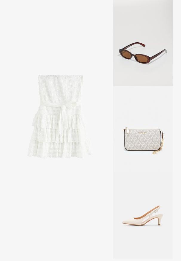Weißes, schichtiges Kleid aus strukturiertem Stoff, mit einem gesmockten Oberteil und einem gebundenen Gürtel in der Taille. Die Lagen haben wellenförmige Kanten.; Weiße Slingback-Absätze mit spitzer Zehenpartie, glattem Obermaterial, niedrigem Blockabsatz und seitlichem Ausschnitt-Design mit verstellbarem Schnallenriemen.; Runde, braun getönte Sonnenbrillen mit einem glänzenden burgunderfarbenen Rahmen. Schlanke Bügel mit dezentem Branding. Flaches Linsendesign.; Michael Kors Clutch in beige beschichtetem Canvas mit einem wiederholten MK-Logo-Muster, goldfarbener hardware und einem abnehmbaren Kettenriemen.