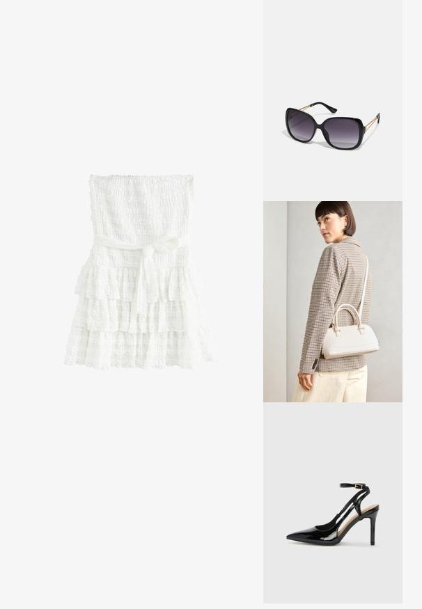 Fehér, réteges ruha textúrált anyagból, smockolt melltartóval és derékban megkötött övvel. A rétegek fodros szélekkel rendelkeznek.; Fekete lakkbőr magassarkú, slingback cipő, hegyes orral, állítható bokapánttal és nyitott oldalakkal. Simító felület.; Fekete, oversize napszemüveg fokozatos árnyalatú lencsékkel, vastag kerettel és arany színű lánc díszítéssel a szárakon.; Fehér, strukturált kézitáska rövid füllel és vállpánttal, arany színű fém kiegészítőkkel és texturált anyagból, szürke háttér előtt bemutatva.
