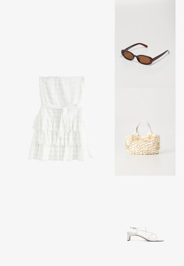 Valkoinen kerroksellinen mekko, joka on valmistettu teksturoidusta kankaasta. Mekossa on smockattu yläosa ja vyötäröllä sidottu vyö. Kerroksilla on röyhelöreunat.; Valkoiset korkokengät, joissa on hoikka hihnadus, neliön muotoinen kärki ja matala paksu korko. Sileä pinta, jossa on säädettävä nilkkahihna.; Pyöreät, ruskehtavat aurinkolasit, joissa on kiiltävä burgundinpunainen runko. Kapeat sivut, joissa on hienovarainen brändäys. Litteät linssit.; Valkoinen käsilaukku, jossa on teksturoitu, lainehtiva kuorimainen koriste. Varustettu punottu kahva ja hopea ketjun olkahihna monikäyttöisyyttä varten.