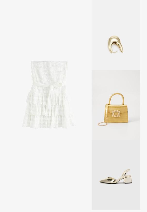 Weißes, schichtiges Kleid aus strukturiertem Stoff, mit einem gesmockten Oberteil und einem gebundenen Gürtel in der Taille. Die Lagen haben wellenförmige Kanten.; Goldene, metallische Slingback-Absätze mit spitzem Zeh und dicker Ferse. Glatte Textur, minimalistisches Design und ein schmaler Riemen.; Gelbe Kunstleder-Handtasche im Krokodil-Look mit strukturiertem Design, Obergriff, abnehmbarem Kettenriemen und dekorativer Kristallverzierung am Verschluss.; Ohrringe aus goldfarbenem Metall mit einem schlanken, geschwungenen Design. Sie verfügen über eine markante, spitze Form, eine polierte Oberfläche und einen Scharnierverschluss.