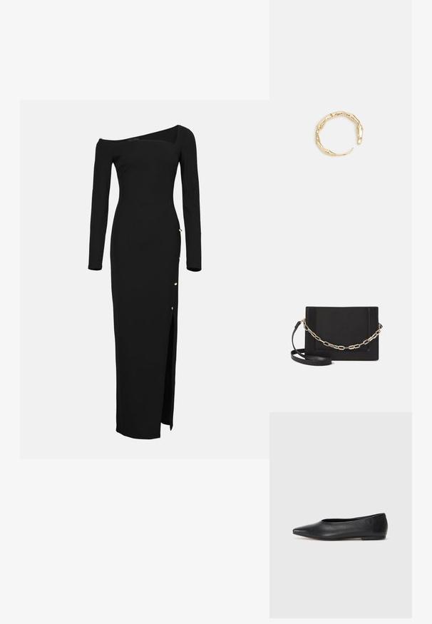 Schwarzes schulterfreies Kleid aus weichem Stoff, mit langen Ärmeln, einem quadratischen Ausschnitt und einem seitlichen Schlitz mit goldenen Knopfakzenten.; Schwarze Leder-Balletschuhe, spitze Zehenform, minimalistische Gestaltung, glatte Textur, niedriger Absatz, keine sichtbaren Beschläge oder Verzierungen.; Schwarze Leder-Crossbody-Tasche mit glatter Textur, rechteckiger Form und metallic-kettendetail auf der Vorderseite. Verstellbarer Gurt inklusive.; Goldfarbener Ring mit einem organischen, gedrehten Design, glatter Oberfläche und sich verjüngenden Enden, was ein modernes, skulpturales Erscheinungsbild erzeugt.