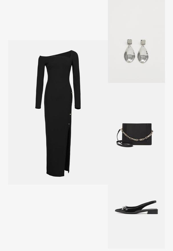 Czarna sukienka bez ramiączek z miękkiego materiału, z długimi rękawami, kwadratowym dekoltem i rozcięciem po boku z złotymi guzikami.; Czarne lakierowane buty typu slingback z ostrym noskiem, srebrnymi detalami i niskim obcasem blokowym. Gładka, błyszcząca faktura przez cały czas.; Czarna skórzana torebka typu crossbody z gładką teksturą, prostokątnym kształtem oraz metalowym detalem w postaci łańcuszka z przodu. W zestawie regulowany pasek.; Srebrne kolczyki w kształcie kropli z kwadratowym sztyftem, cechujące się gładkim, polerowanym wykończeniem oraz kształtem łzy, odbijające światło dzięki błyszczącej powierzchni.