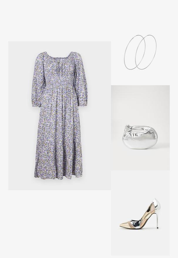 Maxi-Kleid mit floralem Muster in Lila, ausgestattet mit Puffärmeln, gesmoktem Oberteil und gestuftem Rock mit kleinen gelben und weißen Blumen.; Spitz zulaufender High-Heel-Schuh in einer Farbgestaltung aus Silber, Gold und Nude. Glänzende Oberfläche mit Ausschnittdesign und stiletto Absatz.; Silberne metallic Pouch-Tasche mit einer sanften, abgerundeten Form und einem geknoteten Verschluss oben. Hergestellt aus glattem Kunstleder.; Silberne Creolen mit minimalistischem Design. Rundform, glatte Oberfläche und dünnes Profil. Leichtgewichtig mit hochglänzender Oberfläche.