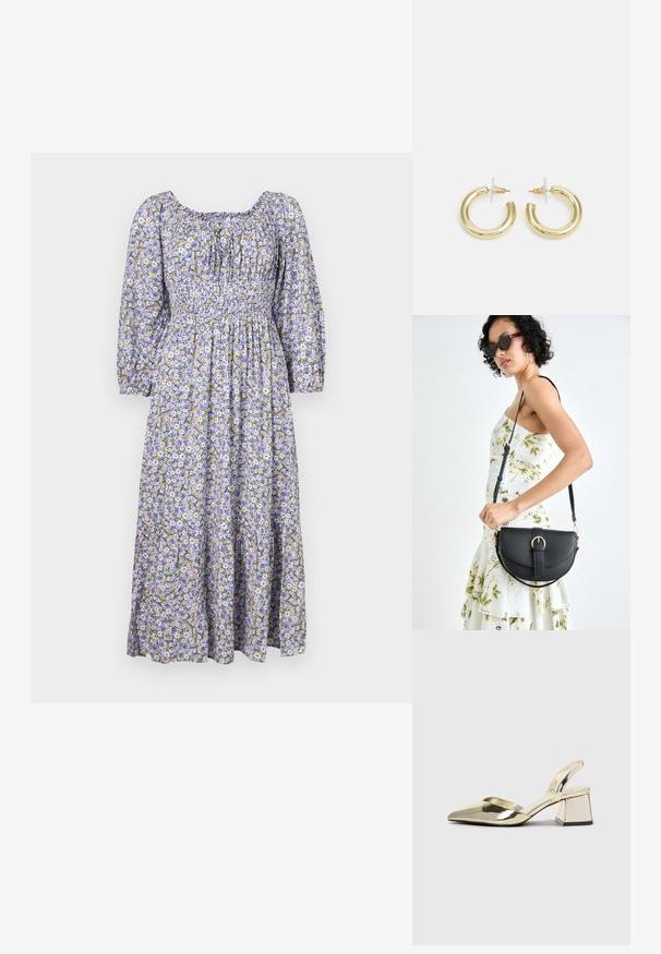 Rochie maxi cu imprimeu florar în nuanțe de mov, cu mâneci bufante, un corset elastic și fustă în straturi cu flori mici galbene și albe.; Pantofi cu toc slingback metalici aurii, cu vârf ascuțit și toc chunky. Textură netedă, design minimalist și o curea subțire.; Geantă din piele neagră, cu o formă curbată, curea detașabilă și accesorii aurii. Geanta are un capac cu un detaliu tip cataramă.; Cercei cercuri din aur cu un finisaj neted și strălucitor. Design circular cu un mic suport și un spate transparent pentru o purtare sigură.