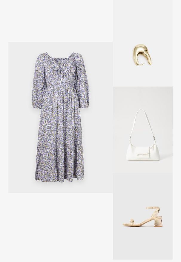 Vestido maxi de padrão floral em roxo, com mangas bufantes, corpete franzido e saia em camadas com pequenas flores amarelas e brancas.; Sandalha metálica dourada com um salto em bloco angular, duas tiras sobre o pé e uma tira ajustável no tornozelo. Textura suave.; Mala sintética branca com formato triangular, aba frontal plana e detalhe de laço, alça ajustável, textura suave e design minimalista.; Brinco em metal dourado com um design elegante e curvo. Apresenta uma forma pontiaguda distinta, superfície polida e fecho por dobradiça.