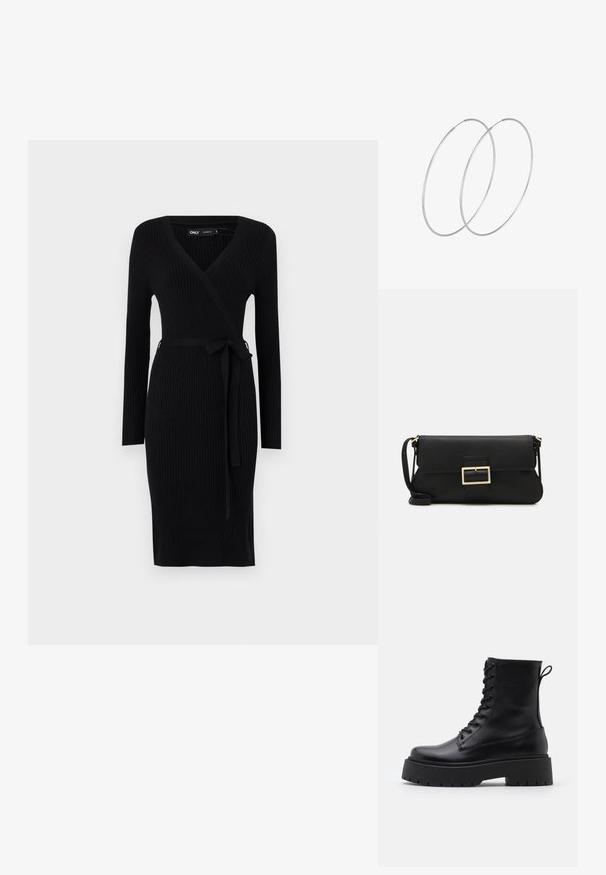 Musta ribbattu neulemekko pitkillä hihoilla, syvällä V-kaula-aukolla ja matched- kangaspaketilla vyötäröllä. Ominaisuuksiin kuuluu suora siluetti ja sivuaukko.; Musta nahkainen nilkkureita, joissa on pyöreä kärki, nauhakiinnitys edessä ja paksu kumipohja, jossa on teksturoitu pinta. Takana vetotappi.; Musta nahkainen kynäpenkkilaukku, jossa on läppä ja kultainen metallinen solkiyksityiskohta. Mukana musta hihna ja tyylikäs, minimalistinen muotoilu.; Hopehope hopeilla, joissa on minimalistinen muotoilu. Pyöreä muoto, sileä pinta ja ohut profiili. Kevyet ja kiillotetut.