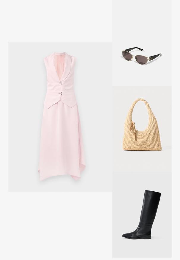 Light pink sleeveless dress with a shawl collar, asymmetric hem, and two decorative silver clasps at the waist. Smooth, textured fabric.; Black leather knee-high boot with a pointed toe and minimal design. Smooth texture and flat sole, featuring discreet side stitching details.; Black and gold sunglasses with a narrow, oval frame, dark lenses, and decorative hardware at the temples. Lightweight and sleek design.; Woven beige handbag with a curved handle, textured surface, and a brown tassel detail. Features a slouchy, hobo shape.