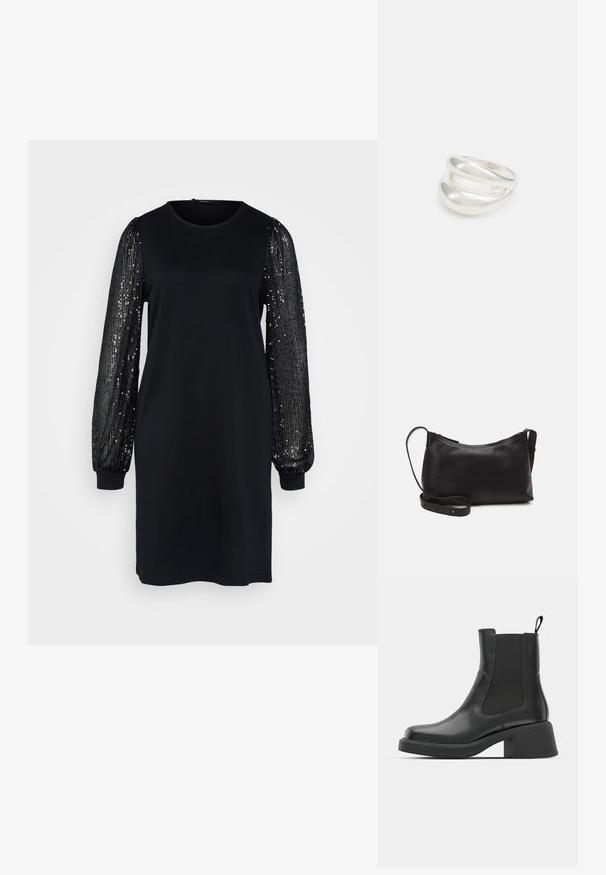 Crna haljina s jednostavnim krojem i dugim, napuhanih rukavima ukrašenim crnim sequinsima, stvarajući teksturalni kontrast u dizajnu.; Crne kožne gležnjače s elastičnim bočnim panelima, okruglim vrhom i debelim blok petama. Glatka tekstura s minimalističkim dizajnom.; Crna kožna torba na rame s glatkom teksturom, zakrivljenim oblikom, podesivim remenom i zatvaranjem na patentni zatvarač. Minimalistički dizajn bez ukrasa.; Srebrna dvostruka prsten s glatkom, poliranom površinom. Karakterizira ga fluidan, zakrivljen dizajn s preklapajućim sekcijama za moderan izgled.
