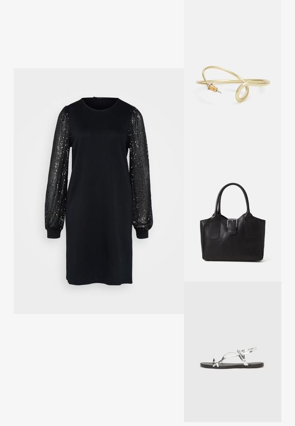 Juoda suknelė, turinti paprastą siluetą ir ilgas, pūstas rankoves, dekoruotas juodais blizgučiais, sukuriant tekstūrinį kontrastą dizainoje.; Sidabriniai metaliniai sandalai su minimalistiniu dizainu, turintys plonas dirželius ir juodą plokščią padą. Išskirtinai pabrėžiami kryžminiai dirželių akcentai.; Juodas odinis nešiojamas krepšys su lygiu paviršiumi, struktūrine forma, dviem rankenėlėmis ir ryškiu sidabriniu sagties akcentu priekyje.; Auksinės spalvos metalinė apyrankė su skysčiu, kreipiančiu dizainu. Viename gale yra mažas, išsiskiriantis, sidabrinės spalvos akcentas.