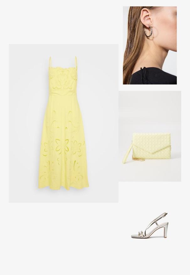 Κίτρινο βαμβακερό φόρεμα με λεπτές τιράντες. Διαθέτει κεντημένα λουλουδάτα σχέδια και κοψίματα σε όλη την φούστα και το σώμα.; Μεταλλική ασημί ψηλοτάκουνη σάνταλ με ανοιχτό μπροστινό μέρος, που διαθέτει τρεις λεπτές λουρίδες κατά μήκος του ποδιού και λουρί στον αστράγαλο με αγκράφα.; Κίτρινο πλεκτό πορτοφόλι με καπάκι, αποσπώμενη λωρίδα καρπού και χρυσή αλυσίδα. Λείος υφής και ορθογώνιο σχήμα.; Ασημένιο σκουλαρίκι κρίκος με γυαλιστερή φινίρισμα, που διαθέτει μικρές χρυσές λεπτομέρειες και στρογγυλό σχήμα, φορεμένο στον λοβό.