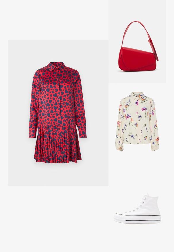 Vestido vermelho com padrão de corações azuis, mangas longas, frente botões e design de saia plissada. Textura de tecido suave e detalhe de gola.; Blusa floral com mangas bufantes longas, base de creme claro, apresentando padrões florais em roxo, laranja e verde, e design de gola clássica.; Sapatilha alta de tela branca com sola de borracha preta, bico de borracha na frente e seis ilhós para os atacadores, apresentando um design limpo e minimalista.; Bolsa de mão em couro vermelho com um design angular e geométrico. Apresenta uma única alça ajustável e um fecho com aba, com detalhes cosidos.