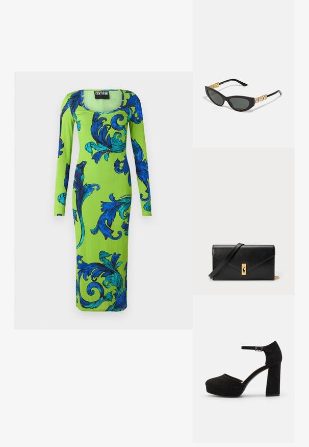 Hosszú ujjú ruha élénk zöld anyagból, merész kék virágmintákkal. Kerek nyakkivágással és testhez simuló sziluettel készült.; Fekete velúr platform sarkú cipők vastag, blokksarkúval, lekerekített orral és fémcsattal rögzített bokapánttal. Simább textúrájú egész terjedelemben.; Fekete macska szemű napszemüveg sötét lencsékkel, arany geometrikus díszítésekkel a szárakon és sima matt felülettel.; Fekete bőr pénztárca hajtható fedéllel, aranyszínű kiegészítőkkel, logóval díszítve. Levehető pánttal a könnyű hordozás érdekében.