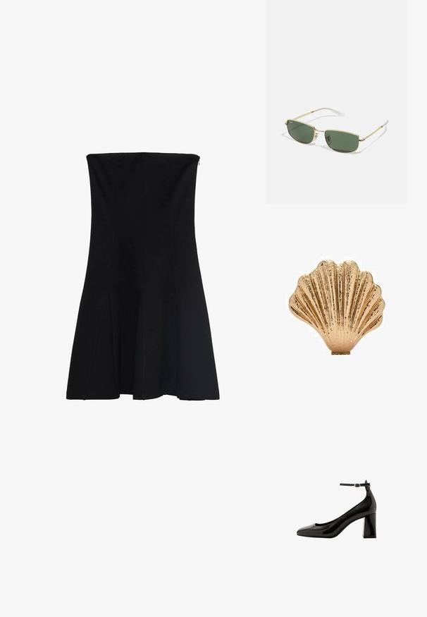 Mustan olkaimettoman mekon istuva yläosa, joka levenee helmaa kohti. Suoraa kangasta, jossa on muotoilukärkiä ja piilotettu vetoketju takana.; Musta lakattu nahka avokkaat nilkkahihnalla, kiiltävä pinta, terävä kärki ja paksu lohkare korko. Tasainen pinta, minimaalinen yksityiskohtaisuus.; Aurinkolasit kultaisella metallikehyksellä ja vihreillä linsseillä, kulmikas muoto ja läpinäkyvät varren päät. Huomattava brändäys vasemmassa linssissä.; Kultaisten sävyjen kuoren muotoinen koriste-esine, jossa on teksturoitu pinta ja uritettu muotoilu. Esineessä on tasainen pohja, joka takaa vakauden.