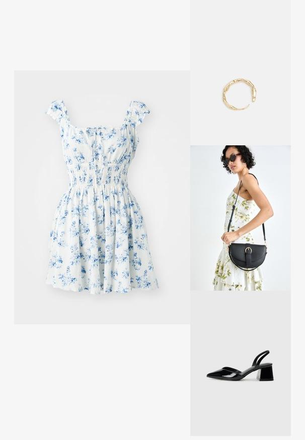 Lille lilledega lillelilledega lillelilledega, valge kangas siniste lilledega, kortsukkel, ja laienev seelik.; Mustad musta lakknahk kingad, millel on terav varvas ja geomeetriline plokkkonts. Omab elegantselt minimalistlikku disaini ja sujuvat tekstuuri.; Mustmust mustraha kõverate joontega, eemaldatava rihmaga ja kuldsete detailidega. Kotil on klapp, millel on pandladetail.; Kuldtoonis sõrmus, millel on orgaaniline, keerdunud disain sileda tekstuuri ja kitsenevate otstega, luues kaasaegse skulptuurilise välimuse.