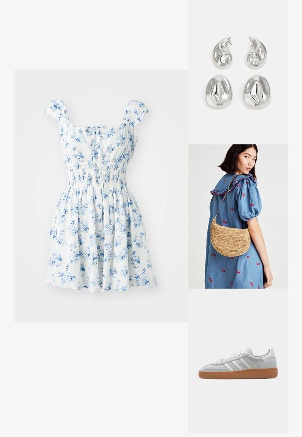 Kvetinové šaty s krátkymi volánovými rukávmi, biela látka s modrými kvetmi, na gumičku v páse a s rozšírenou sukňou.; Svetlo šedé semišové tenisky s bielymi koženými akcentmi, tromi bielymi pruhmi a hnedou gumovou podrážkou, s polstrovaným golierom pre pohodlie.; Tkaný slamenný crossbody vak v tvare polmesiaca, s hladkou textúrou a neutrálnou béžovou farbou, doplnený kovovým ramenným popruhom.; Strieborné náušnice s dvoma tvarmi v tvare kvapky a dvoma zaoblenými tvarmi, všetky s lesklým, odrazovým povrchom a hladkou štruktúrou.