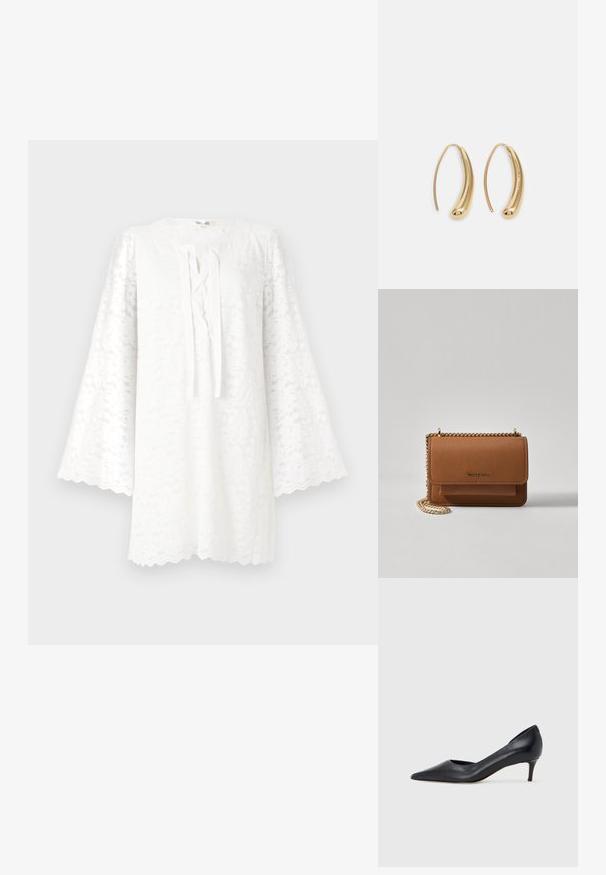 Tunic alb din dantelă, cu guler rotund, mâneci lungi și evazate, și un detaliu de legare în față. Fundația cu margini ondulate adaugă textură și interes vizual.; Pantof din piele neagră, cu vârf ascuțit și toc mic. Are o textură netedă și un luciu subtil. Decupaj deschis în partea din față pentru un detaliu suplimentar.; Geantă crossbody din piele texturată maro, cu curea din lanț aurit și închidere cu clapetă. Partea din față prezintă detalii cu logo și o buzunar sub clapetă.; Cercei din metal auriu, cu un design curbat și alungit. Au o suprafață netedă și strălucitoare, cu un vârf rotunjit pentru un detaliu suplimentar.