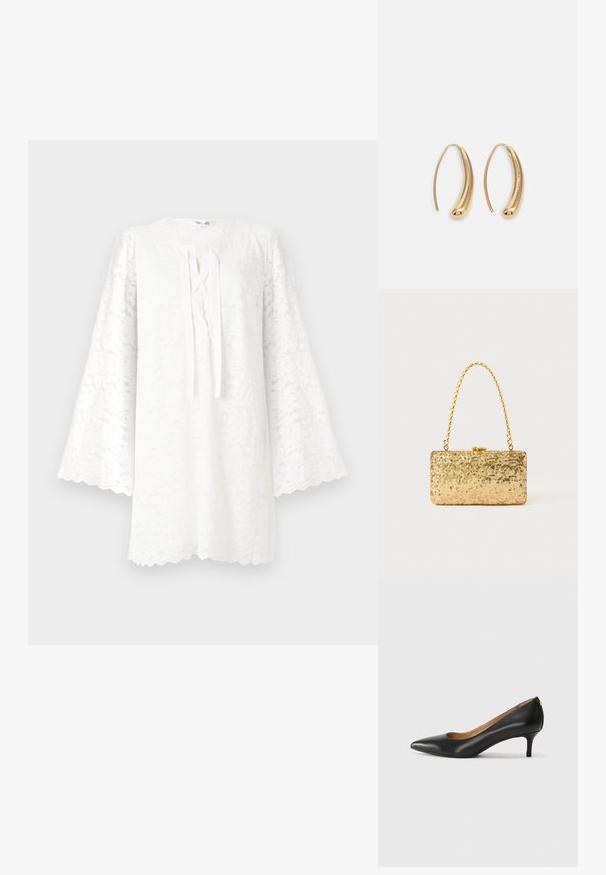 Bela čipkasta tunika z okroglim izrezom, dolgimi razširjenimi rokavi in zgornjim delom s povezovanjem spredaj. Lasekasti rob dodaja teksturo in vizualno zanimivost.; Črne usnjene črpalke s koničastim nosom, nizko peto in gladko teksturo. Imajo rahlo odprtino spredaj in minimalno opremo zadaj.; Zlata torbica s pomičnim šalom v pravokotni obliki, z zasukano verižico in kovinskim zapiranjem, ki odseva svetlobo z teksturirano površino.; Zlato-tonirani kovinski uhani v obliki obroča s krivuljo in podolgovato obliko. Imajo gladko, sijočo površino in zaobljen vrh za dodaten detajl.