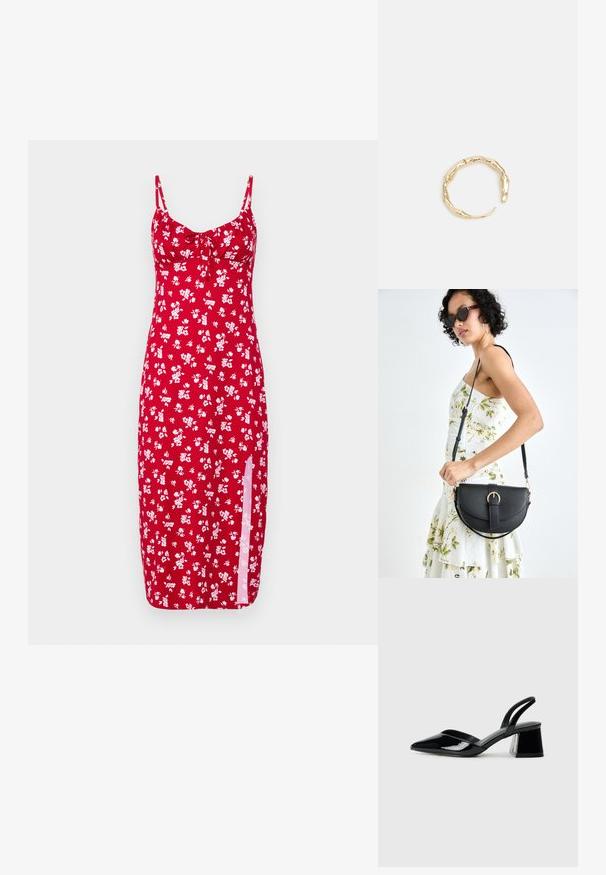 Hollister Co. BARE KNIT - Dienas kleita - dive; Melna lakota āda ar atvērto papēdi, ar smailu purngalu un ģeometrisku blokpapēdi. Iezīmējas elegants, minimāls dizains un gluda tekstūra.; Melnas ādas rokassoma ar izliekta formu, noņemamu siksnu un zelta aksesuāriem. Somai ir vāciņš ar sprādzes detaļu.; Zelta toņa gredzens ar organisku, vērptu dizainu, gludu virsmu un sašaurinātiem galiem, radot mūsdienīgu, skulpturālu izskatu.