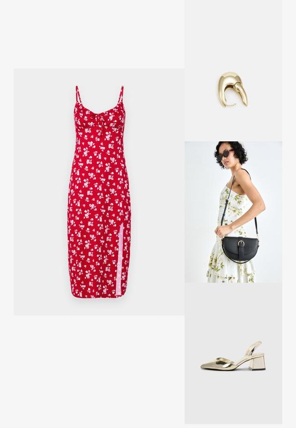 Hollister Co. BARE KNIT - Kjole - dive; Gull, metallisk slingback-hæler med spiss tå og chunky hæl. Glatt tekstur, minimalistisk design og en smal stropp.; Svart lærveske med en buet form, avtagbar stropp og gullbeslag. Vesken har et klaff med spenne-detall.; Gullfarget metalløredobber med et elegant, buet design. Har en karakteristisk spiss form, polert overflate og hengsel-lukking.