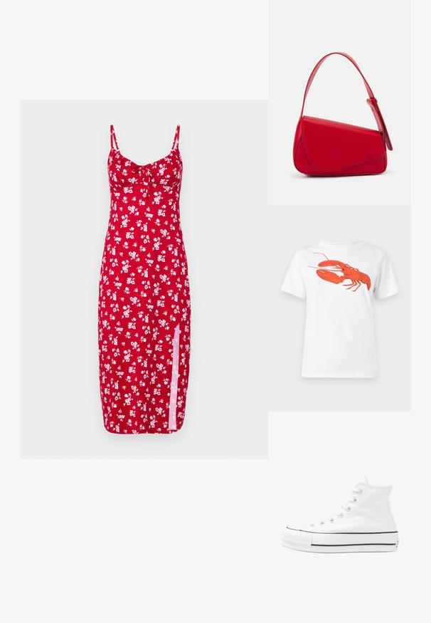 Hollister Co. BARE KNIT - Rochie de zi - dive; Tricou alb din bumbac, cu un grafic mare, viu colorat de homar roșu pe față. Mâneci scurte și un guler standard de tip crew neck.; Adidași albi tip pantofi sport cu glezna din pânză, cu talpă din cauciuc negru, capac de vârf din cauciuc frontal și șase ochiuri pentru șireturi, având un design curat și minimalist.; Geantă de mână din piele roșie, cu un design unghiular și geometric. Dispune de o singură curea ajustabilă și un sistem de închidere cu clapetă, cu detalii cusute.