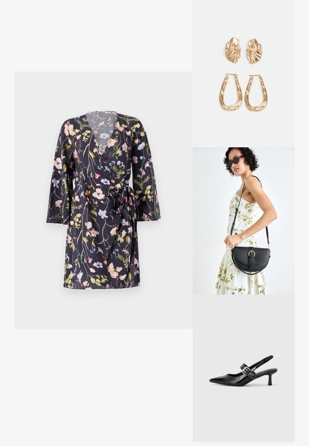 Vestido envolvente com mangas 3/4, tecido azul-marinho escuro com padrões florais coloridos, decote em V e detalhe de cintura amarrada.; Saltos slingback em verniz preto com bico pontiagudo e um pequeno salto bloco, apresentando um detalhe de fivela prateada na tira.; Bolsa de couro preta com forma curva, alça destacável e detalhes em dourado. A bolsa possui uma aba com detalhe de fivela.; Brincos em tom de ouro com formas onduladas e texturizadas. Inclui studs escultóricos com presilha e um design de argola aberta com um acabamento martelado.