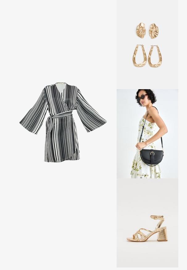 Juoda ir balta dryžuota chalatė su plačiais varpo formos rankovėmis, apvyniota dizaino ir savarankiško rišimo diržu. Lygus audinys su vertikaliais dryžiais, suteikiantis dinamišką išvaizdą.; Auksinės metalinės kulniuko šlepetės su juostelėmis, kvadratiniu blokiniu kulnu ir reguliuojamu kulkšnies dirželiu su sagtimi. Lygi tekstūra.; Juodas odinis krepšys su išlenkta forma, nuimamu dirželiu ir auksiniais detalėmis. Krepšys turi kilpą su sagtimi.; Auksinės auskarai, turintys tekstūruotus, bangų formos elementus. Įeina skulptūriniai segami auskarai ir atviri lankai su išmuštu paviršiumi.