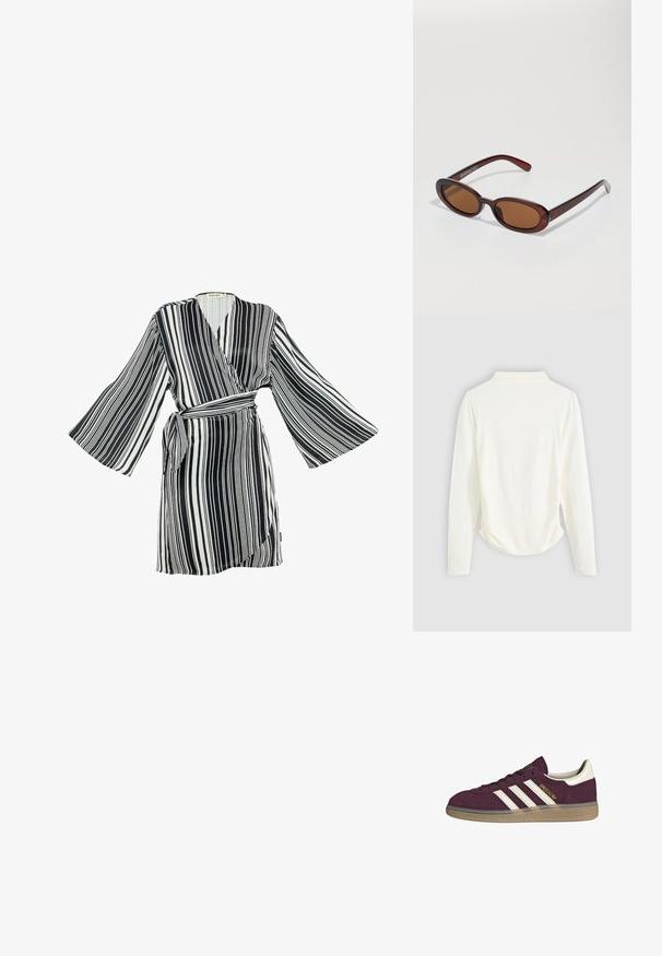 Czarnobiała szlafrok w paski z szerokimi dzwonowymi rękawami, zapinany na krzyż i z wiązanym paskiem. Gładki materiał z pionowymi paskami dla dynamicznego wyglądu.; Długi rękaw w kremowym kolorze, z delikatnym marszczeniem po bokach i klasycznym kołnierzykiem. Gładka tekstura, prosty design.; Bordowe zamszowe trampki z białymi trzema paskami i beżowymi akcentami. Mają teksturowaną gumową podeszwę i złote oznaczenia po boku.; Okrągłe, brązowe okulary przeciwsłoneczne z błyszczącą bordową oprawą. Cienkie ramiona z subtelnym detalem marki. Płaski kształt soczewek.; Brązowa torebka skórzana pleciona o luźnym, trójkątnym kształcie. Posiada pleciony uchwyt i zamek błyskawiczny na górze.