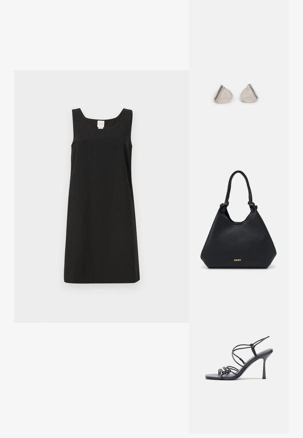 Schwarzes ärmelloses Kleid mit quadratischem Ausschnitt und gerader Schnittführung, hergestellt aus weichem Stoff. Verfügt über ein minimales Design und keine sichtbaren Beschläge.; Schwarze, hochhackige Sandalen mit dünnen Riemen und einem geknoteten Design, einer glatten, rechteckigen Zehenpartie und einem eleganten Stiletto-Absatz.; Schwarze Ledertasche mit strukturiertem Finish, geknoteten Handgriffen und goldfarbener Logodetailierung an der Basis. Sie hat eine lässige Silhouette.; Silberne Metalohrringe mit einer glatten, tröpfchenförmigen Form und einer polierten Oberfläche. Subtile Gravuren fügen Details hinzu. Minimalistisches Design.