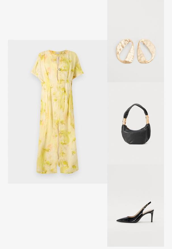Žlté ľanové šaty s kvetinovým vzorom; krátke rukávy, výstrih do V a detail uzatvárania na gembičke. Voľný strih a dĺžka po kolená.; Čierne lakované kožené slingback lodičky s špicatou špičkou, štíhlým podpätkom a jemným výrezom. Obsahuje zlatú pracku na remienku.; Čierna kožená kabelka s guľatým tvarom, príjemnou textúrou a uzlíkovou rukoväťou s akcentmi zlatého tónu. Zipsové uzatvorenie.; Pár nepravidelných oválnych zlatistých kovových náušníc s textúrovaným, mierne rozbitým povrchom na bielom pozadí.