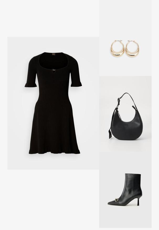 Vestido preto canelado com decote redondo e mangas curtas com babados, alargando-se suavemente a partir da cintura. Sem detalhes adicionais visíveis.; Bota preta de couro até ao tornozelo com bico apontado, salto slim de altura média e detalhe em fivela prateada de lado, contra um fundo simples.; Bolsa de ombro de couro preto com forma curva, fecho de zip e alça ajustável. Apresenta o logótipo da marca em relevo na parte da frente.; Brincos em forma de argola em tom dourado, com um formato de crescente, superfície polida e fecho articulado. A textura suave e o acabamento reflexivo aumentam a visibilidade.
