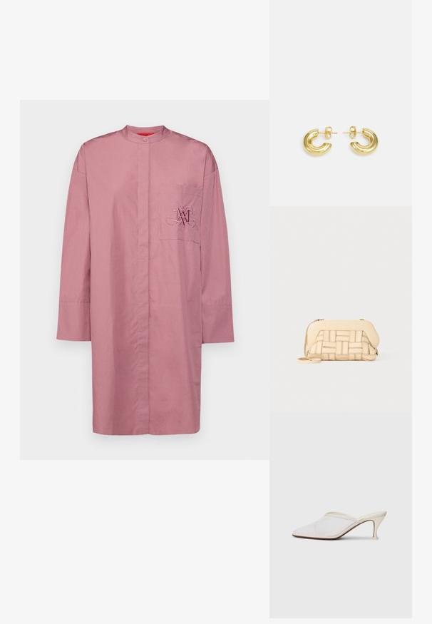 Dlhý rukáv, košeľa s golierom z mäkkej ružovej bavlny. Obsahuje predné vrecko s vyšívaným logom. Priamy lem a uvoľnený strih.; Biele sieťované lodičky s špicatou špičkou, s úzkym stredne vysokým podpätkom a bez zapínania, na jednobodovom pozadí.; Tkaná béžová kabelka so štruktúrovaným dizajnom, s hladkým vrchom a dlhým popruhom. Textúrované detaily zlepšujú celkový vzhľad.; Maria Black TEMPELHOFER HOOPS - Náušnice - gold-coloured