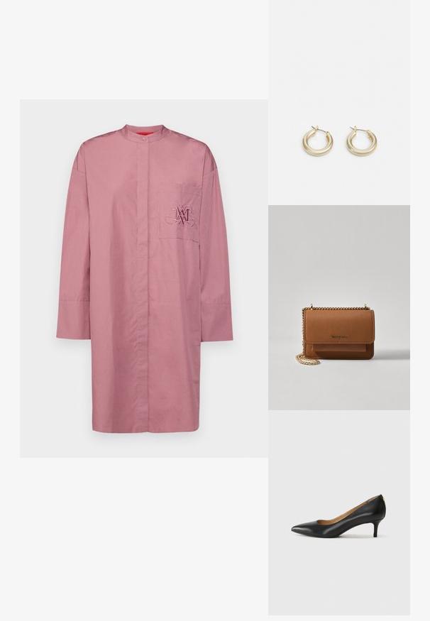 Camisa de manga larga y cuello en suave algodón rosa. Cuenta con un bolsillo frontal con detalles del logo bordados. Dobladillo recto y ajuste relajado.; Zapato de tacón negro de cuero con punta afilada, tacón bajo y textura suave. Presenta una ligera apertura en la parte frontal y un hardware minimalista en la parte trasera.; Bolso crossbody de cuero texturizado marrón con correa de cadena dorada y cierre de solapa. La parte frontal presenta un detalle de logo y un bolsillo debajo de la solapa.; Lauren Ralph Lauren BASIC SMALL HOOP - Pendientes - gold-coloured