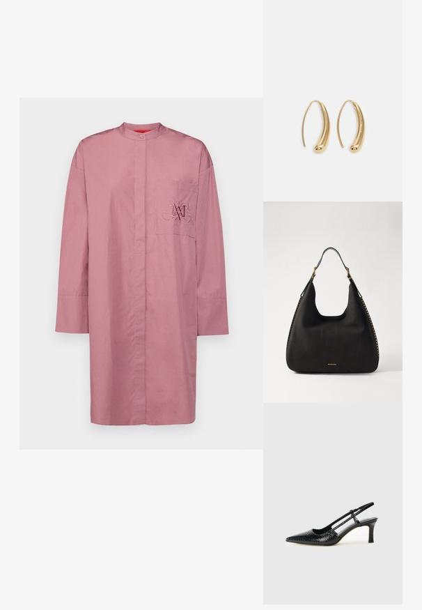 Cămașă cu mânecă lungă și guler, din bumbac roz moale. Prezintă un buzunar frontal cu detalii brodate ale logo-ului. Croială dreaptă și fit relaxat.; Pantofi cu toc slingback negri din patent, cu vârf ascuțit, cu imprimeu de șarpe texturat, curea ajustabilă și toc scurt texturat.; MICHAEL Michael Kors NOLITA HOBO  - Geantă de mână - black; Cercei din metal auriu, cu un design curbat și alungit. Au o suprafață netedă și strălucitoare, cu un vârf rotunjit pentru un detaliu suplimentar.