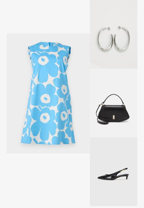 Rochie florală albastră cu modele mari de margarete albe, cu mâneci scurte, decolteu rotund și închidere cu fermoar la spate. Fabricată dintr-un material ușor.; Sandale slingback din piele neagră cu vârf ascuțit, având un toc subțire și un accent de culoare aurie pe curea ajustabilă. Textură netedă.; Geantă de umăr din piele neagră, cu un design structurat, având o formă tăiată, mânere superioare și accente din aur. Include o curea de umăr ajustabilă.; Cercei din argint, cu un design neted și curbat. Prezintă o finisare metalică strălucitoare și închidere cu stud. Fără modele sau accente vizibile.