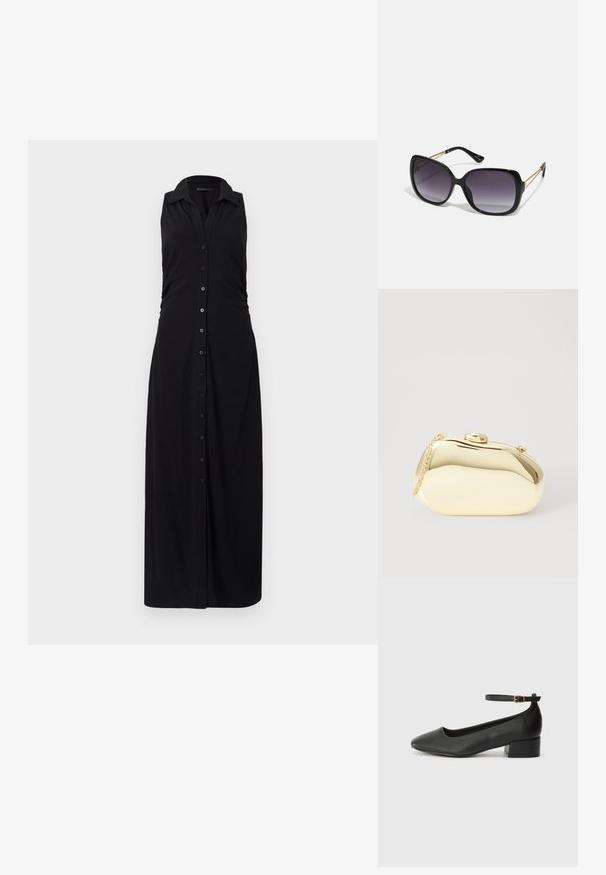 Vestido maxi preto sem mangas, com colarinho, frente abotoada e detalhes franzidos na lateral, feito de um tecido macio e elástico.; Sandal de pele preta com bico pontiagudo e um salto bloco baixo. Apresenta uma tira no tornozelo com uma fivela em tom dourado. Textura suave.; Óculos de sol oversized pretos com lentes degradê, armações grossas e detalhes em corrente dourada nas hastes.; Clutch metálico dourado com uma forma suave e arredondada, apresentando um fecho de botão superior e uma pequena alça em corrente para transporte.
