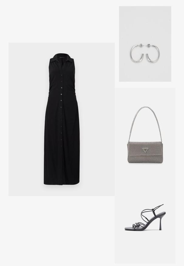 Rochie maxi fără mâneci, de culoare neagră, cu guler, față butonată și detalii pliate pe lateral, realizată dintr-un material moale și elastic.; Sandale negre cu toc înalt au curele subțiri cu un design legat, un vârf pătrat neted și un toc stiletto elegant.; Geantă metalică gri deschis, cu un strap din lanț, decorată cu mici ținte circulare metalice și un logo de marcă triangular.; Cercei rotunzi din argint cu un finisaj neted și strălucitor. Design ușor, având o formă rotundă și închidere cu tijă.