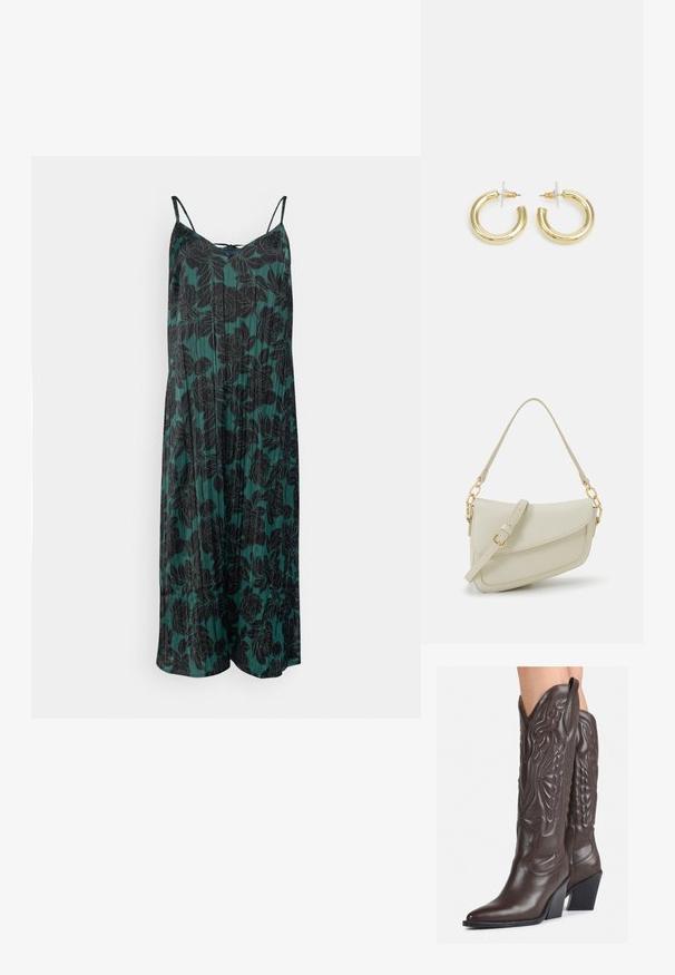 Tumedast rohelisest kangast lillelise päikesekleidi, millel on mustad pojengi mustrid, õhukesed õlapaelad ja voolav siluett.; Pruunid nahast cowboy saapad terava varbaga ja plokk-kandaga, millel on detailne tikand ja kergelt tõstetud aktsendid varrel.; Väike kreemjas käekott tekstureeritud viimistlusega, pikendatav rihm, ketiläbimõõt ja klapiga sulgemine. Kuldsed metalldetailid.; Kuldne rõngassõrmused sileda ja läikiva viimistlusega. Ringikujuline disain, millel on väike post ja selge tagumine külg, et tagada kindel kandmine.