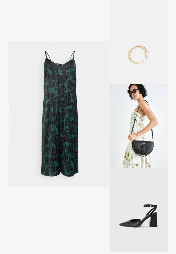 Ziedu sundress tumši zaļā audumā ar melnām peoniju rakstām, ar plānām plecu siksnām un plūstošu siluetu.; Melna ādas augstpapēžu kurpe ar norakstīto purngala formu, potītes siksniņu un masīlu papēdi. Gluda tekstūra, elegants dizains un minimālisma estētika.; Melnas ādas rokassoma ar izliekta formu, noņemamu siksnu un zelta aksesuāriem. Somai ir vāciņš ar sprādzes detaļu.; Zelta toņa gredzens ar organisku, vērptu dizainu, gludu virsmu un sašaurinātiem galiem, radot mūsdienīgu, skulpturālu izskatu.