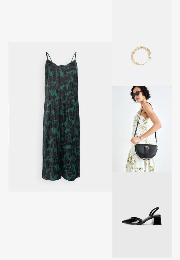 Cvjetna haljina na naramenice tamnozelene boje s uzorkom crnih božura, karakterizirana tankim naramenicama i slobodnim siluetom.; Crne lakirane kožne sandale s otvorenom petom i špicastim vrhom, s geometrijskom blok petom. Imaju elegantan, minimalistički dizajn i glatku teksturu.; Crna kožna torba s lukovitim oblikom, odvojivim remenom i zlatnim detaljima. Torba ima preklop s kopčom.; Prsten u zlatnoj nijansi s organskim, uvijenim dizajnom, glatkom teksturom i suženim krajevima, koji stvara moderan, skulpturalni izgled.