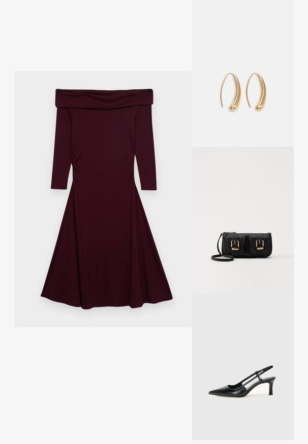 Vestido borgonha cai-cai com mangas três quartos, corpete justo, saia rodada e detalhes franzidos nas laterais, feito de tecido elástico.; Salto slingback em patente preta com bico apontado, apresentando um padrão de pele de cobra texturizado, tira ajustável e um salto bloco curto e texturizado.; Bolsa de ombro em couro preto com dois bolsos frontais, fivelas douradas, fecho de zíper e uma alça fina. Superfície texturizada e forma retangular compacta.; Brincos em metal dourado com forma de arco alongado e curvado. Apresentam uma superfície lisa e brilhante, com uma ponta arredondada para um detalhe adicional.