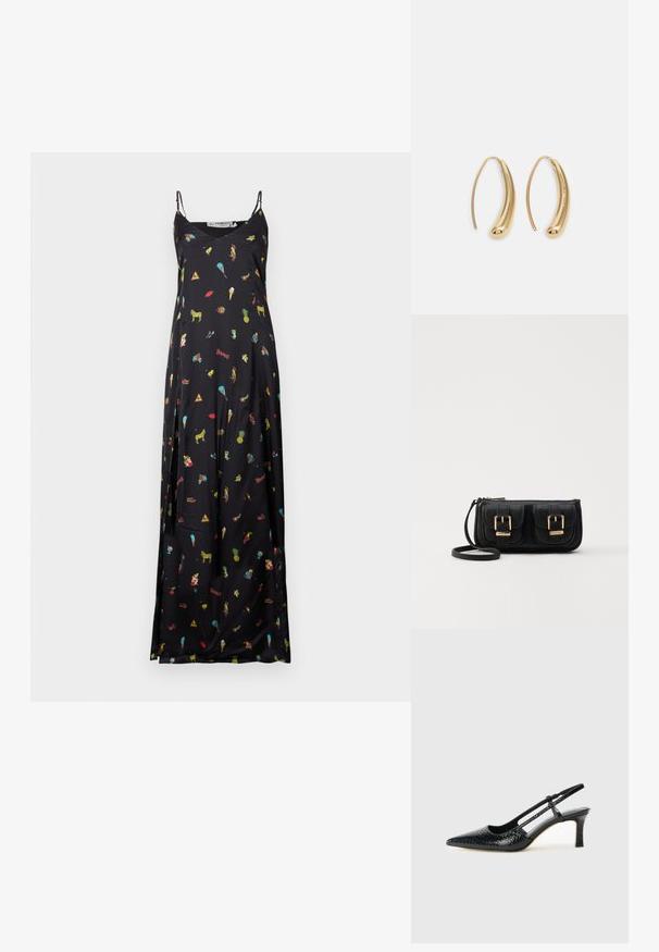 Mustat olkaimeton maksimekko, jossa on ohuet olkaimet. Mekossa on värikkäitä pieniä kuvastoja eläimistä, ruoasta ja muista leikkisistä symboleista.; Musta patent slingback-kiilakorko teräväkärkisellä muotoilulla, jossa on teksturoitu käärmeennahkakuosi, säädettävä remmi ja lyhyt, teksturoitu blokkiheel.; Musta nahkainen olkalaukku, jossa on kaksi etutaskua, kultaiset soljet, vetoketjukiinnitys ja kapea hihna. Teksturoidun pinnan ja kompaktin suorakaiteen muoto.; Korvakorut kultasävytteistä metallista, joissa on kaareva, pitkänomainen muoto. Ominaisuuksiin kuuluu sileä, kiiltävä pinta ja pyöreä kärki lisäyksinä.