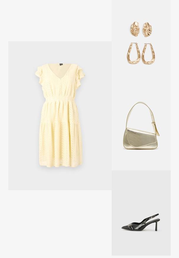 Vestido amarelo de manga curta com decote em V, padrões florais texturizados, cintura franzida e saia em camadas. Tecido leve com um caimento fluido.; Sapato slingback preto em pele patentada com bico apontado, tiras no tornozelo apresentando fivelas e acessórios prateados, e um salto elegante.; Bolsa de mão metálica dourada com um design estruturado, textura suave e alça ajustável. Apresenta uma forma triangular única e costura minimalista.; Brincos em tom de ouro com formas onduladas e texturizadas. Inclui studs escultóricos com presilha e um design de argola aberta com um acabamento martelado.