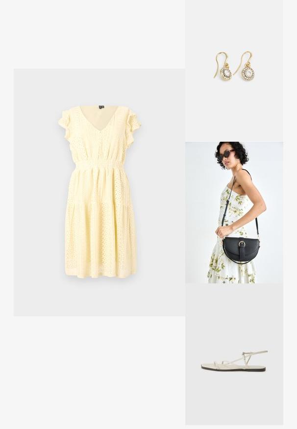 Īsām piedurknēm dzeltena kleita ar V-veida kakla izgriezumu, teksturētiem ziedu rakstiem, saplacinātas jostas un slāņotu svārku. Gaisīga auduma ar plūstošu kritumu.; Bežīgas plakanas čības ar vairākiem plāniem siksniņām un regulējamu sprādzi. Zole ir plakana ar nelielu tumšu kontrastu malā.; Melnas ādas rokassoma ar izliekta formu, noņemamu siksnu un zelta aksesuāriem. Somai ir vāciņš ar sprādzes detaļu.; Zelta tonī veidotas auskaru piekariņi ar ovālu izgriezumu caurspīdīgām kristālēm, kuras ieskauj mazākas caurspīdīgas akmeņu daļiņas, ar āķveida dizainu drošai valkāšanai.