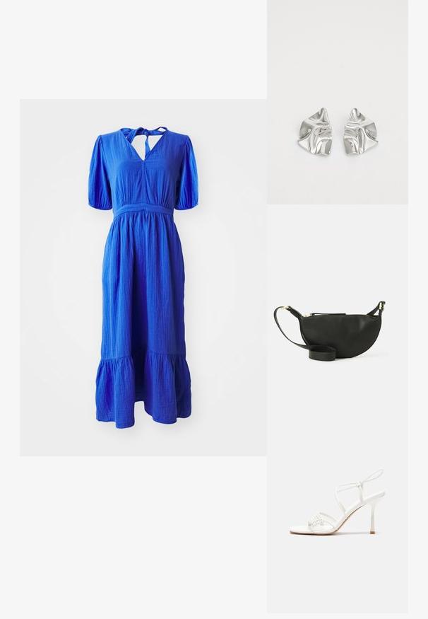 Blue cotton dress with short puff sleeves, a keyhole neckline, and a tiered skirt. The fabric has a textured finish.; White strappy high-heeled sandal with a flat toe base, textured front with gathered accents, and a slim ankle strap.; Black leather crossbody bag with half-moon shape, textured surface, gold zipper, and a flat strap. Compact design suitable for essentials.; Silver metal earrings with a wavy, sculptural design featuring a polished finish and irregular shapes, highlighting a contemporary aesthetic.