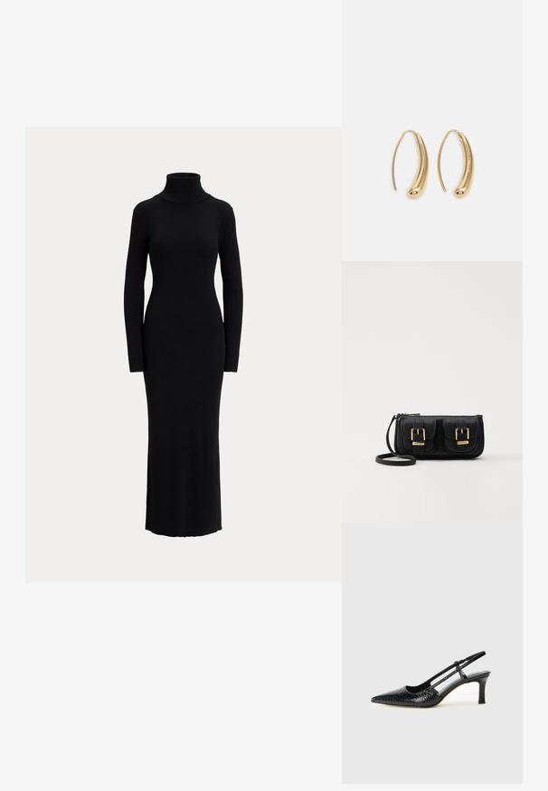 Μαύρο, φόρεμα με μακριά μανίκια και ζιβάγκο, κατασκευασμένο από απαλό πλεκτό ύφασμα. Διαθέτει εφαρμοστή σιλουέτα και μήκος μέχρι τη μέση της γάμπας.; Μαύρη πατέντα σλινγκμπάκ γόβα με μυτερή μύτη, διαθέτει υφή από φίδι, ρυθμιζόμενο λουρί και κοντή, υφή τετράγωνη φτέρνα.; Μαύρη δερμάτινη τσάντα ώμου με δύο μπροστινές τσέπες, χρυσά κούμπωματα, κλείσιμο με φερμουάρ και λεπτό λουρί. Υφή επιφάνειας και κομψό ορθογώνιο σχήμα.; Χρυσές μεταλλικές σκουλαρίκια κρίκοι με καμπυλωτό, ελκυστικό σχήμα. Περιλαμβάνουν μια λεία, γυαλιστερή επιφάνεια και στρογγυλή άκρη για πρόσθετη λεπτομέρεια.